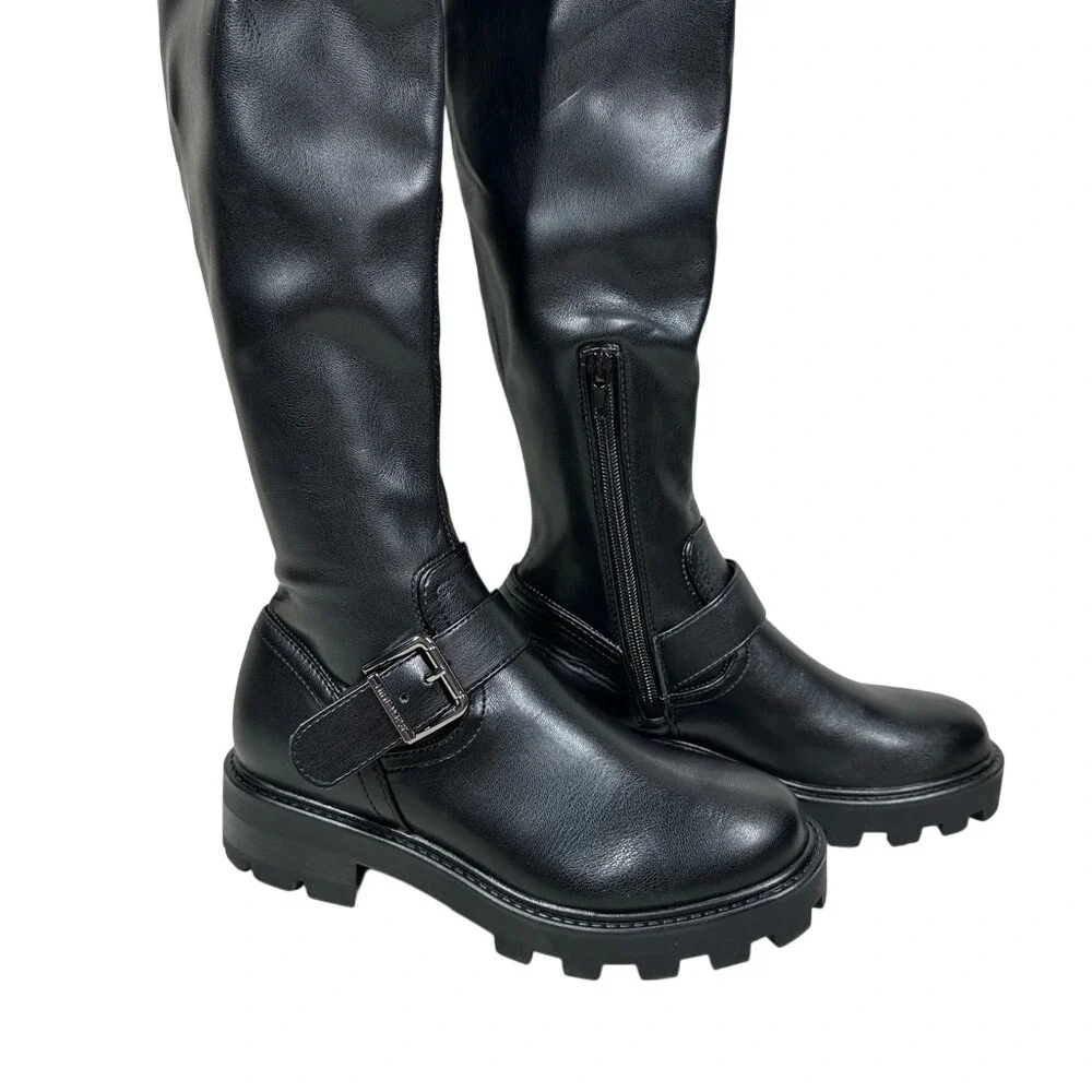 Nine‎ West Women's 5M Nans Lug Sole Over The Knee Boots Black Chunky